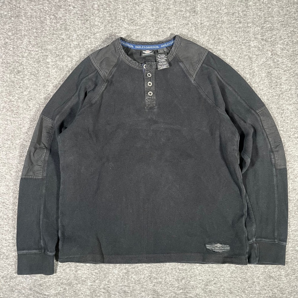 Vintage Harley-Davidson Mens Blk Thick Waffle Knit Henley Shirt Skull Patch Sz L